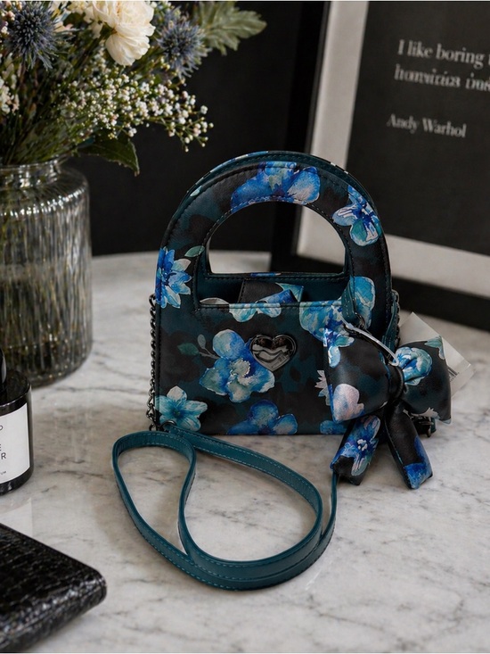 Betsey Johnson Handbags - NWT Betsey Johnson Blue Floral Mini Crossbody Satchel Bow Heart Charm Bag